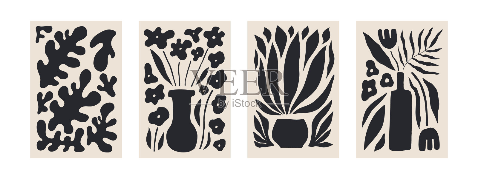 抽象的时髦花海报。现代新潮的极简风格。黑色和米色。手绘设计墙纸，墙壁装饰，印刷，明信片，封面，模板，横幅。插画图片素材