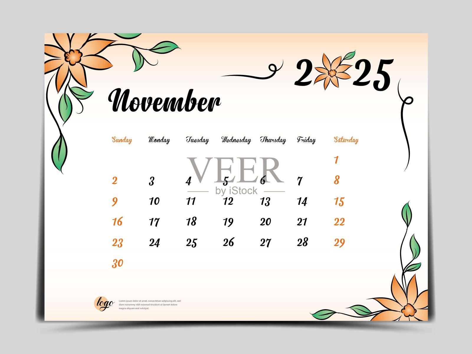 日历2025模板上的花朵背景，十一月2025模板，每月日历规划师艺术品，台历2025设计，墙上日历设计，海报，简单，矢量eps10插画图片素材