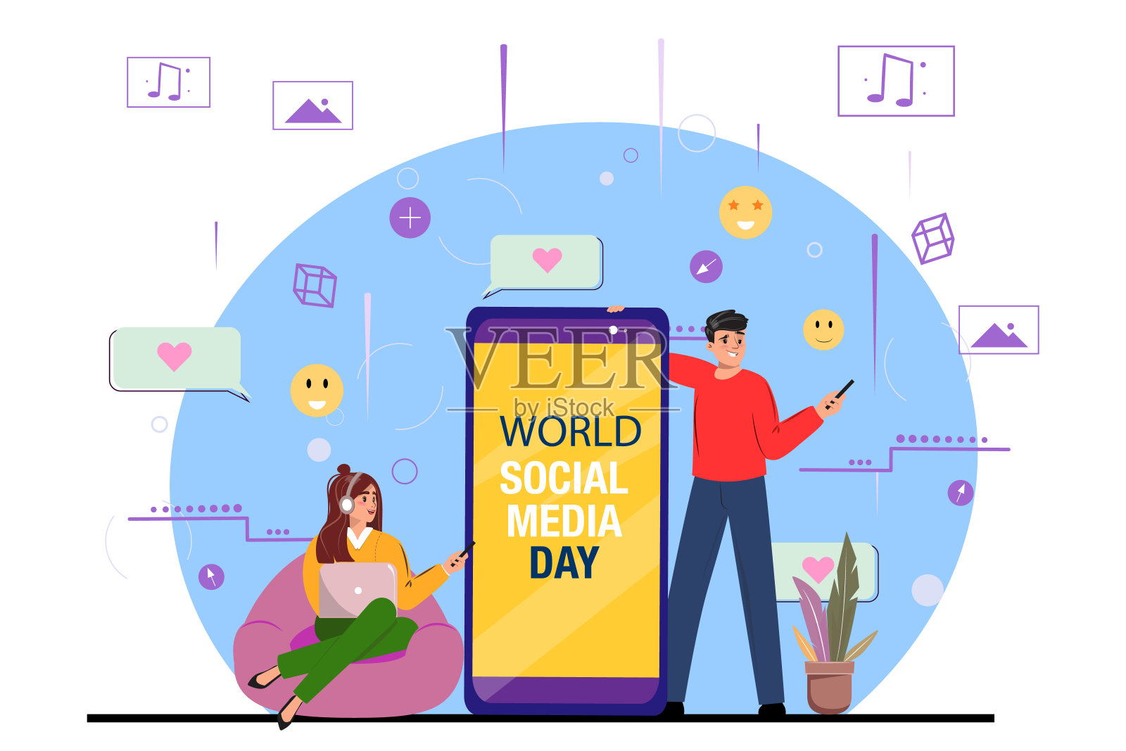 世界社交媒体日，展示了一男一女在一个巨大的智能手机周围使用移动设备插画图片素材