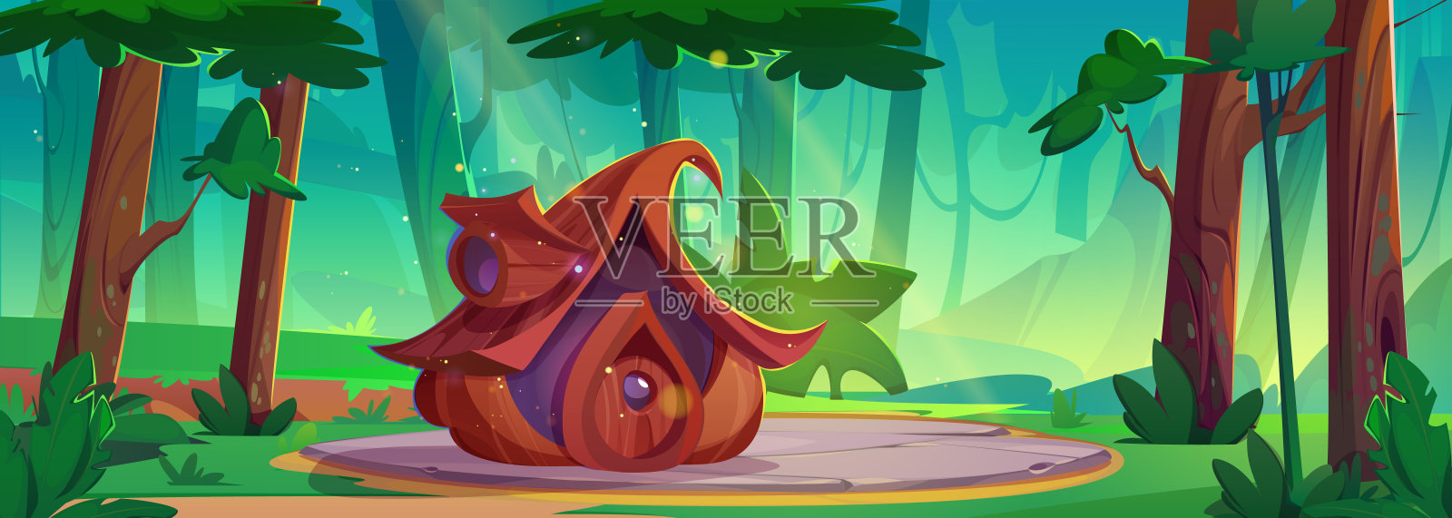 夏日森林里童话般的侏儒小屋插画图片素材