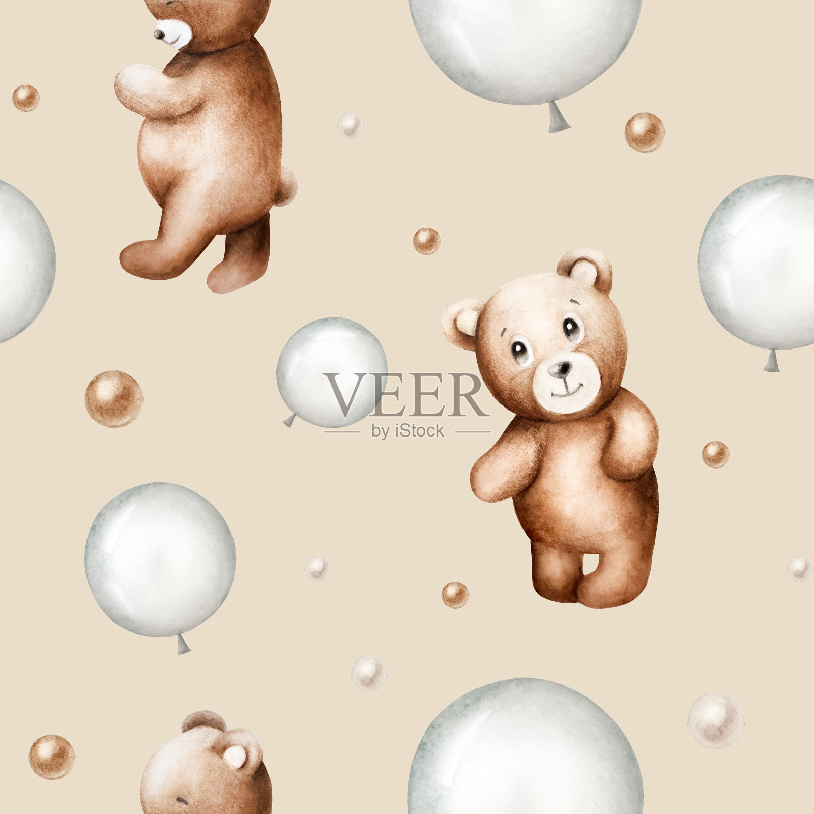 无缝图案可爱的卡通泰迪熊，银色和棕色箔气球。手绘水彩婴儿插图孤立的背景。可爱的玩具，为婴儿和孩子新生的庆祝活动，设计师，婴儿淋浴，明信片，包装纸插画图片素材