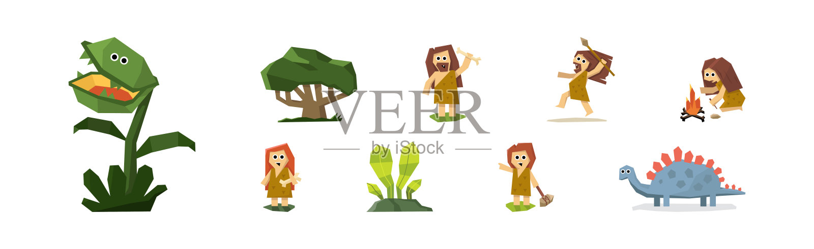 史前石器时代的人字符和穴居人矢量集插画图片素材