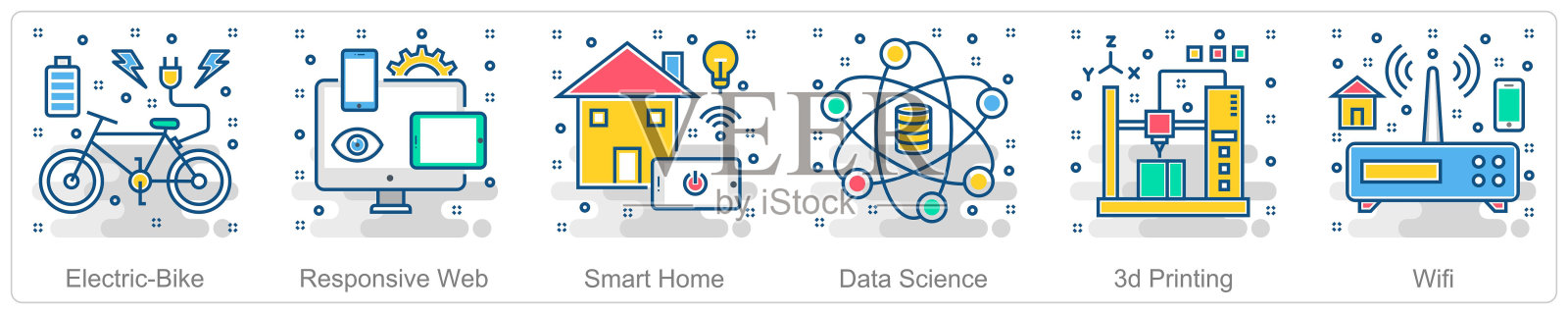 一套6个智能技术图标，如电动自行车，响应式网络，智能家居插画图片素材
