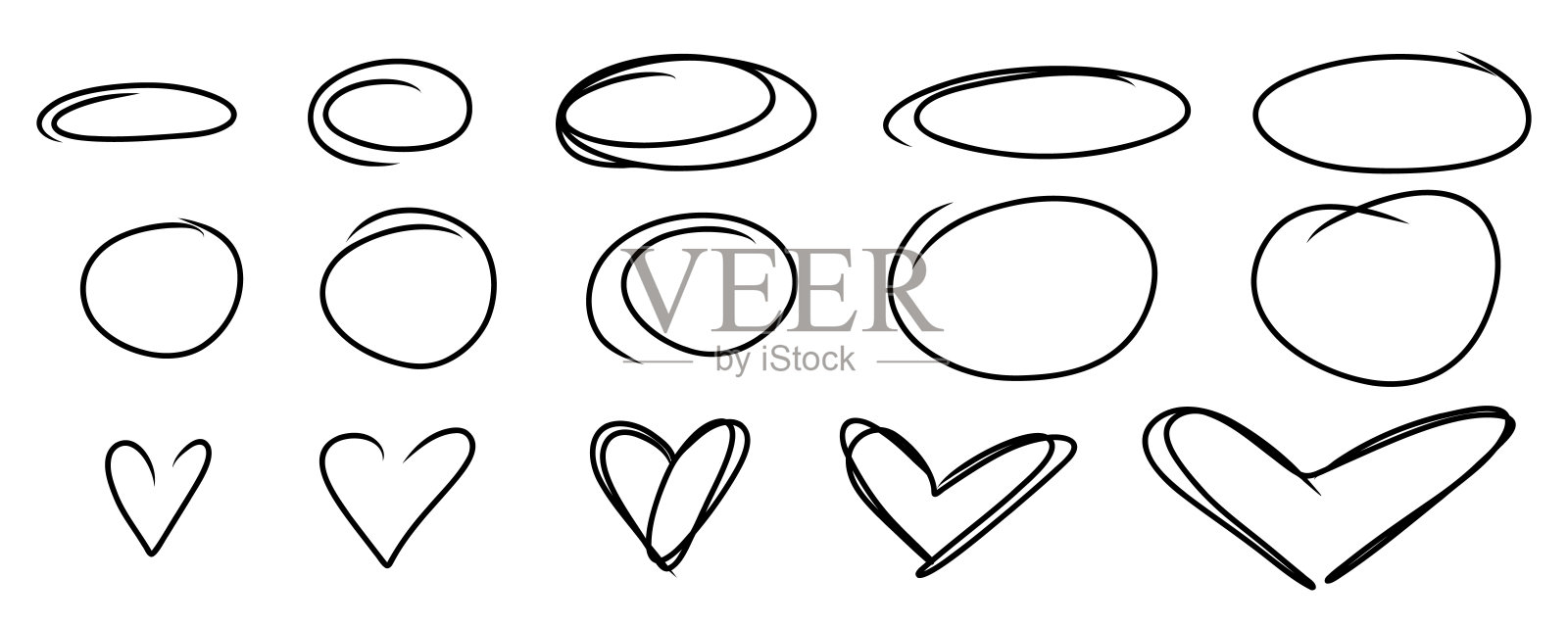 手绘椭圆形和心形。高亮椭圆标记框线设置。手绘涂鸦圈素描集。涂鸦椭圆和椭圆线模板。矢量插图隔离在白色背景上。插画图片素材