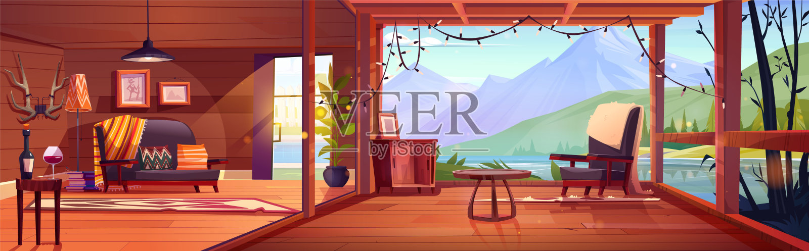 客厅和带山景的小屋露台插画图片素材