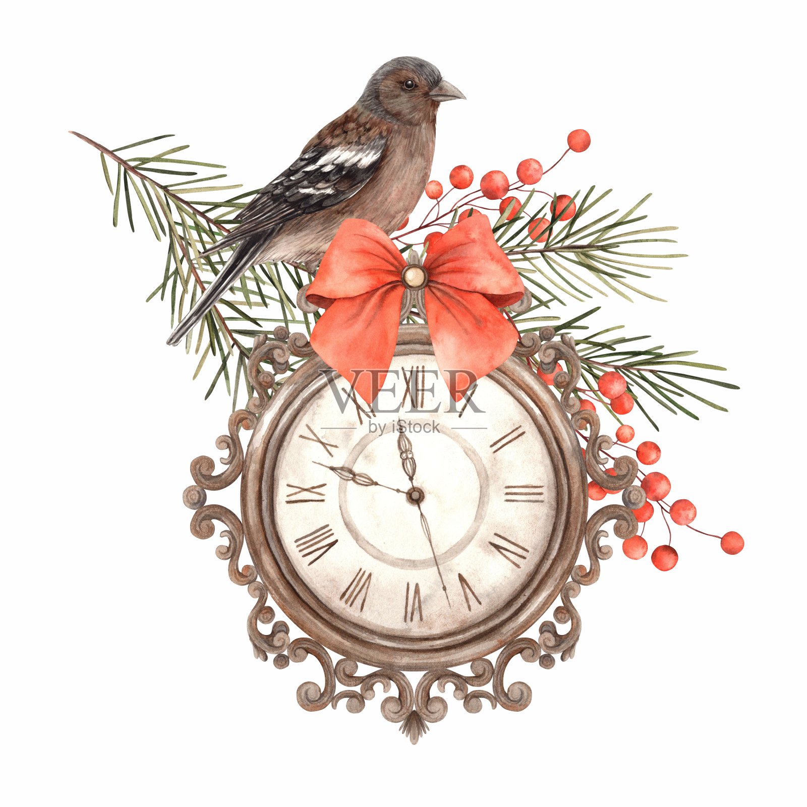 带有红色蝴蝶结的老式时钟，四周环绕着松枝、红色浆果和一只鸟。圣诞风格的水彩画构图。画年假、请柬、贺卡、包装。插画图片素材