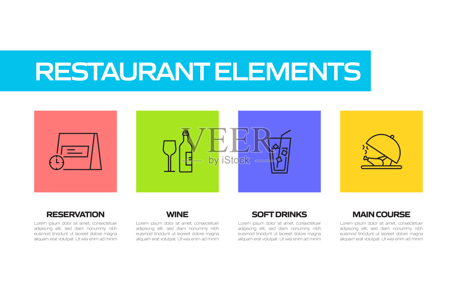 餐厅简单线图标集。采购产品食品，饮料，餐具，厨师，菜单，服务插画图片素材