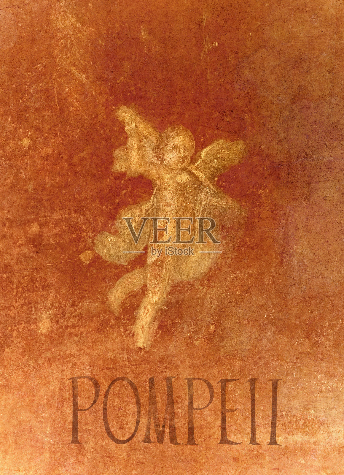 庞贝古城壁画：红色背景上的小天使照片摄影图片