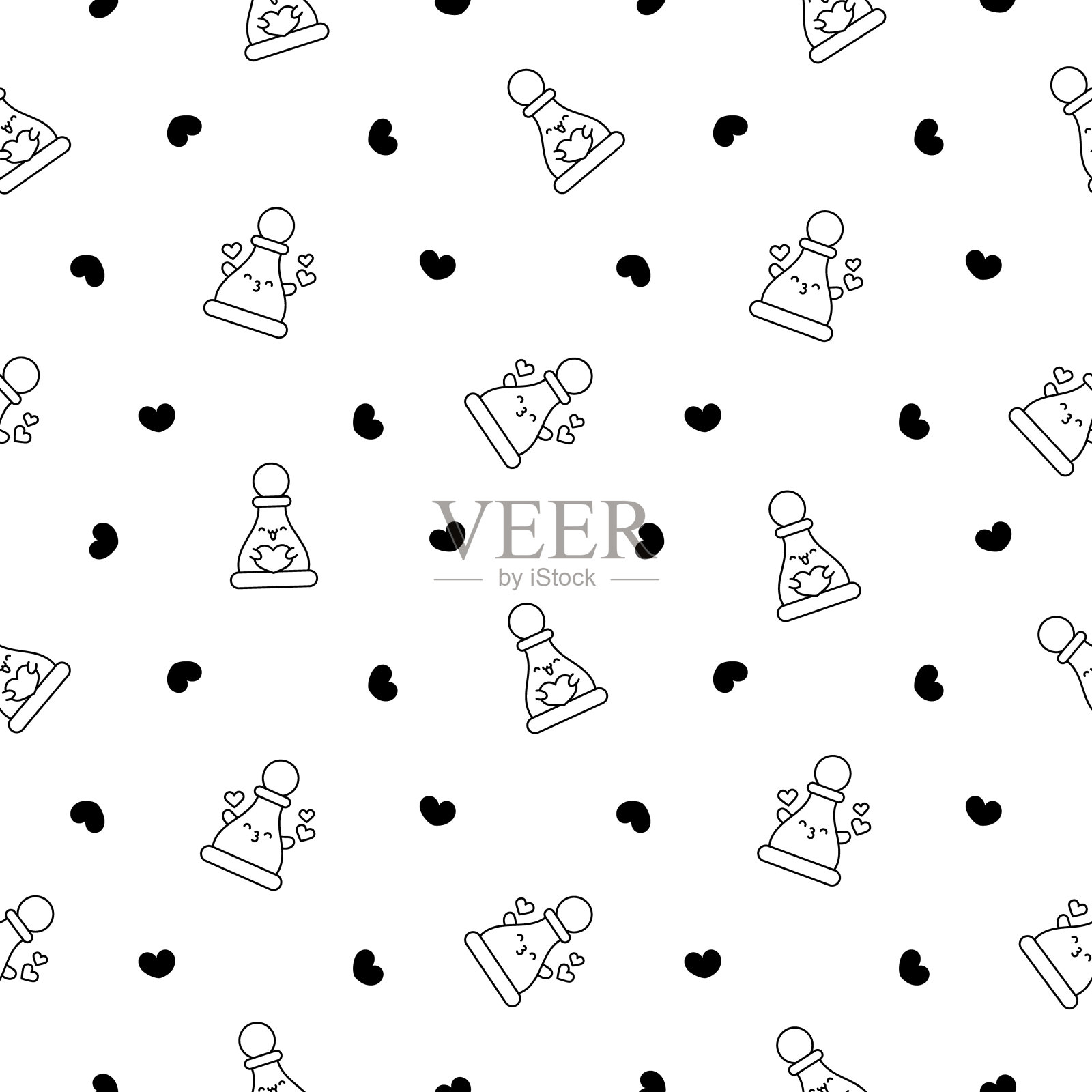 可爱的棋子，笑脸相迎。无缝模式。着色页面。卡哇伊卡通人物。手绘风格。矢量图。设计的饰品。插画图片素材