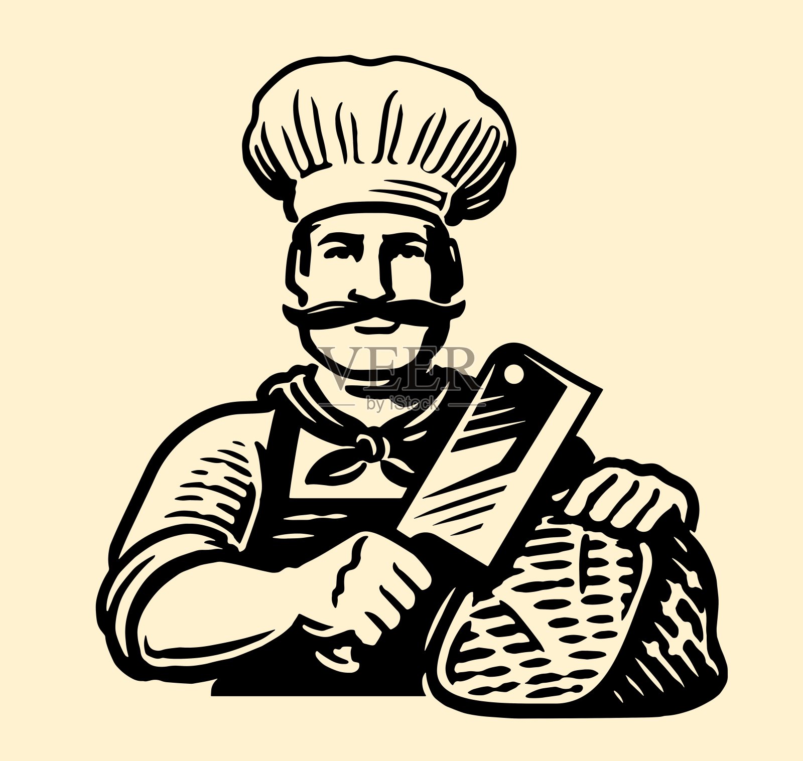 厨师用屠刀切一块鲜肉。在餐厅准备食物的男厨师插画图片素材