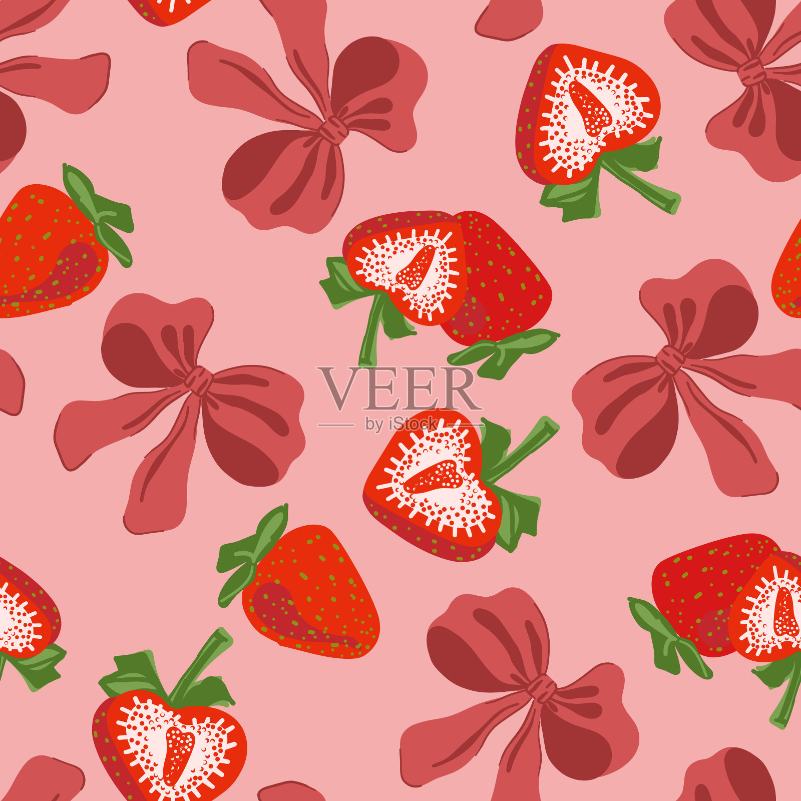 草莓和风骚蝴蝶结缎带无缝图案。甜甜的草莓，柔和的蝴蝶结。时尚复古复古风格的美学壁纸。可爱的手绘卡通矢量插图孤立的粉红色插画图片素材