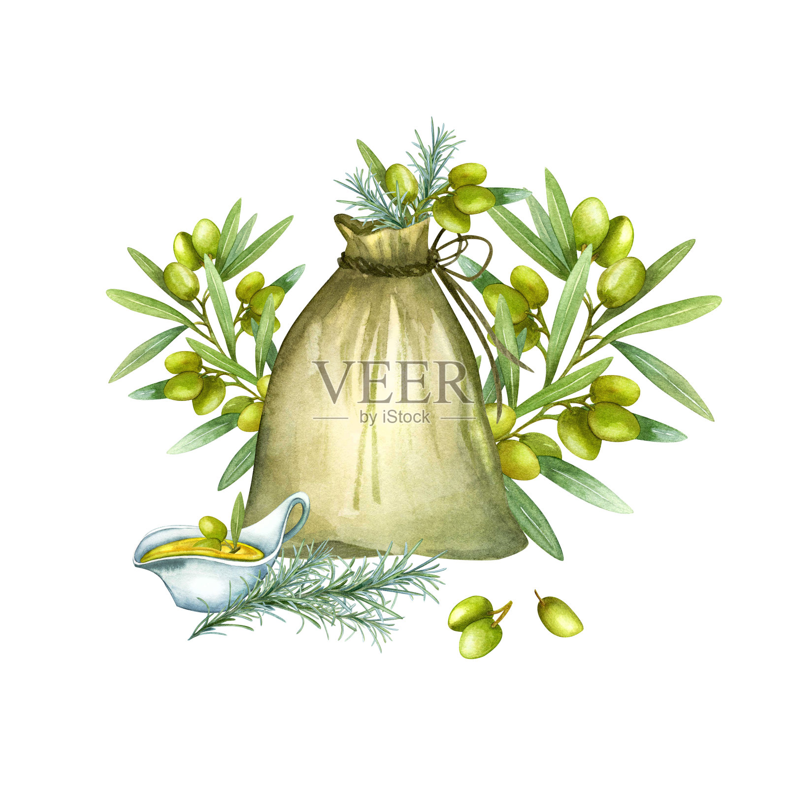 手绘水彩画，橄榄枝上有浆果果实，帆布麻袋。孤立的元素旧花园袋插画图片素材