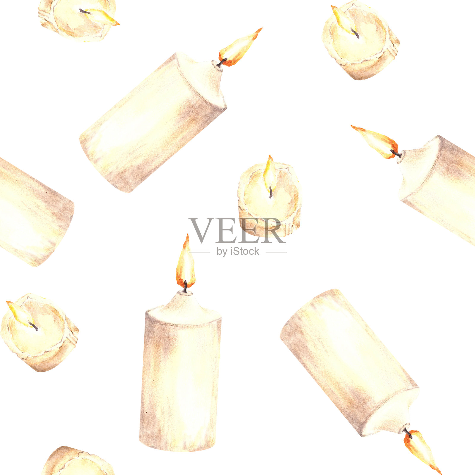 水彩燃烧白色米色蜡蜡烛无缝图案手绘剪贴画插图孤立插画图片素材