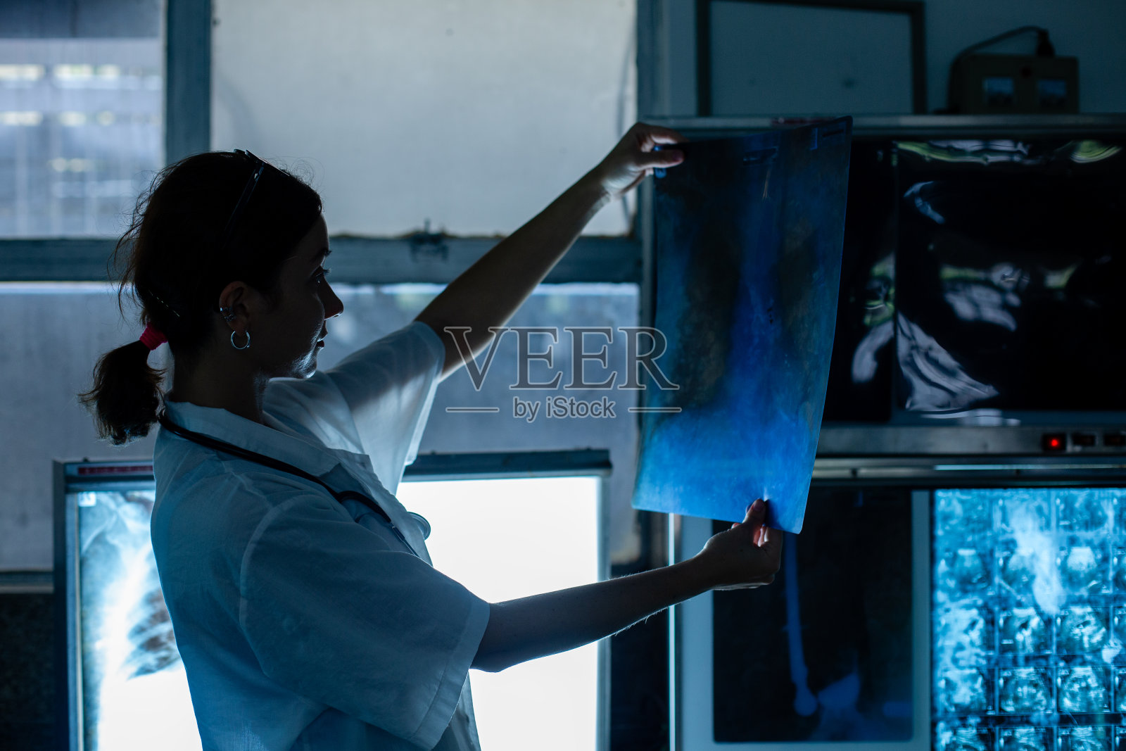 医学女性专家在医院化验室检查分析x光片扫描检查。人体解剖学诊断科学。女专家在实验室暗室检查x光片。照片摄影图片