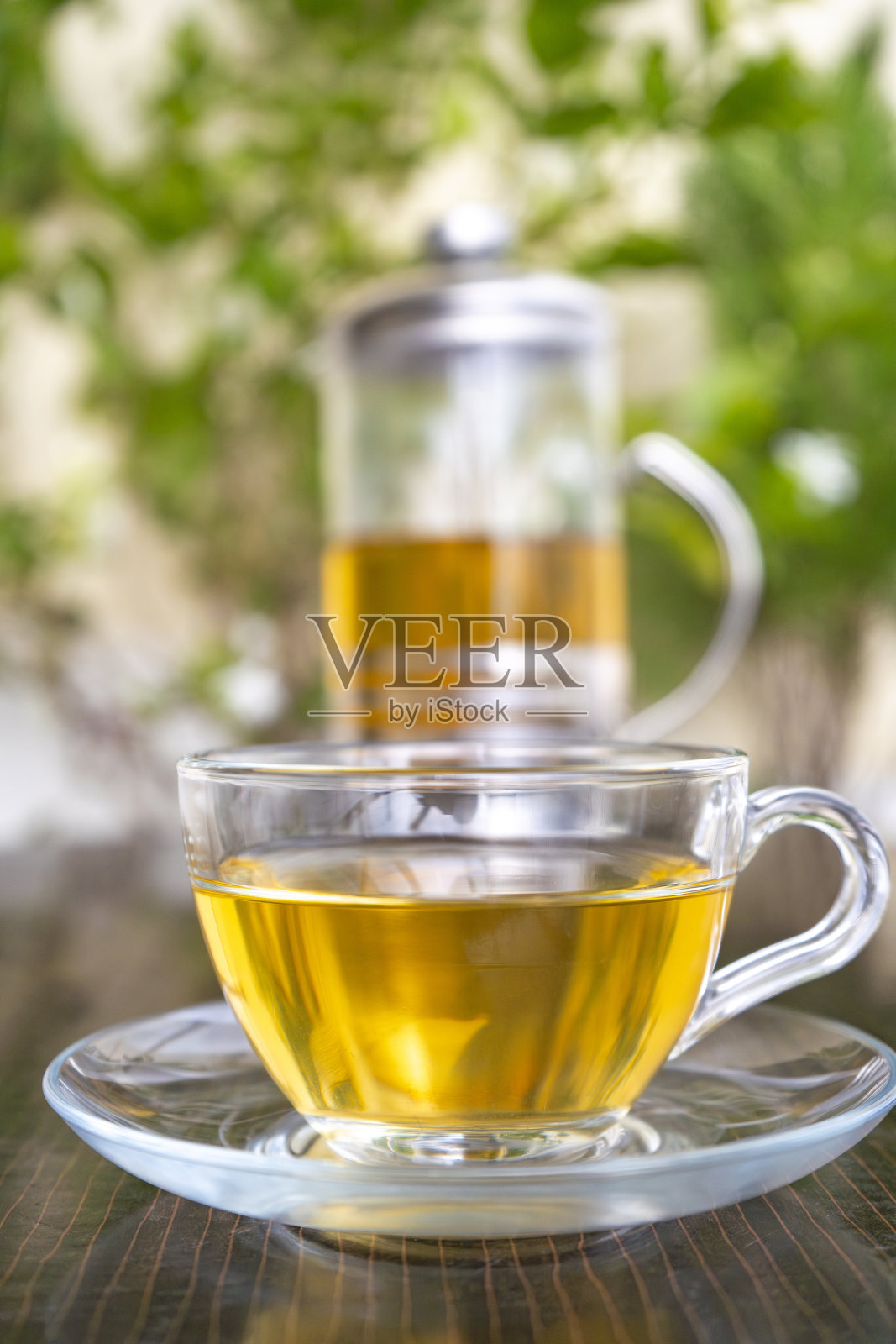 绿茶装在玻璃茶杯和茶托上，旁边有法式压滤茶壶照片摄影图片