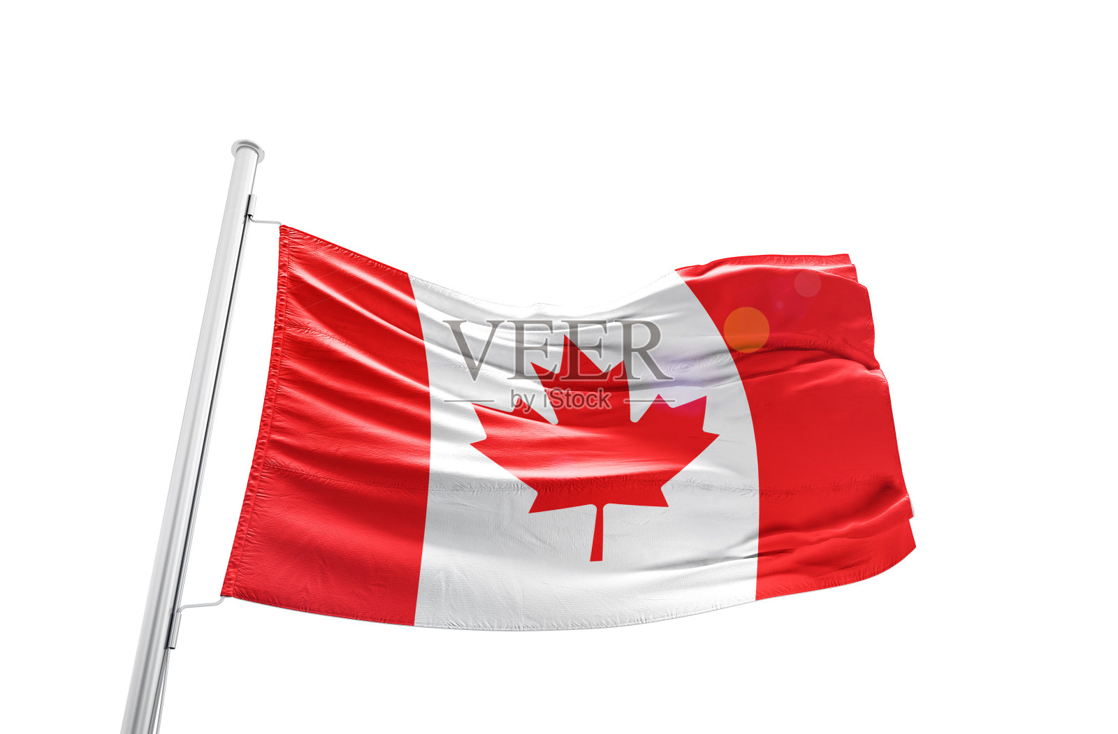 加拿大国旗在白色背景上挥舞着桅杆。照片摄影图片