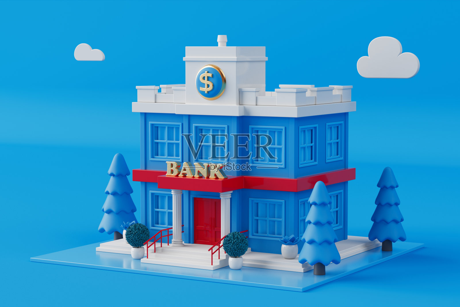 卡通银行办公楼的抽象场景。3d渲染照片摄影图片