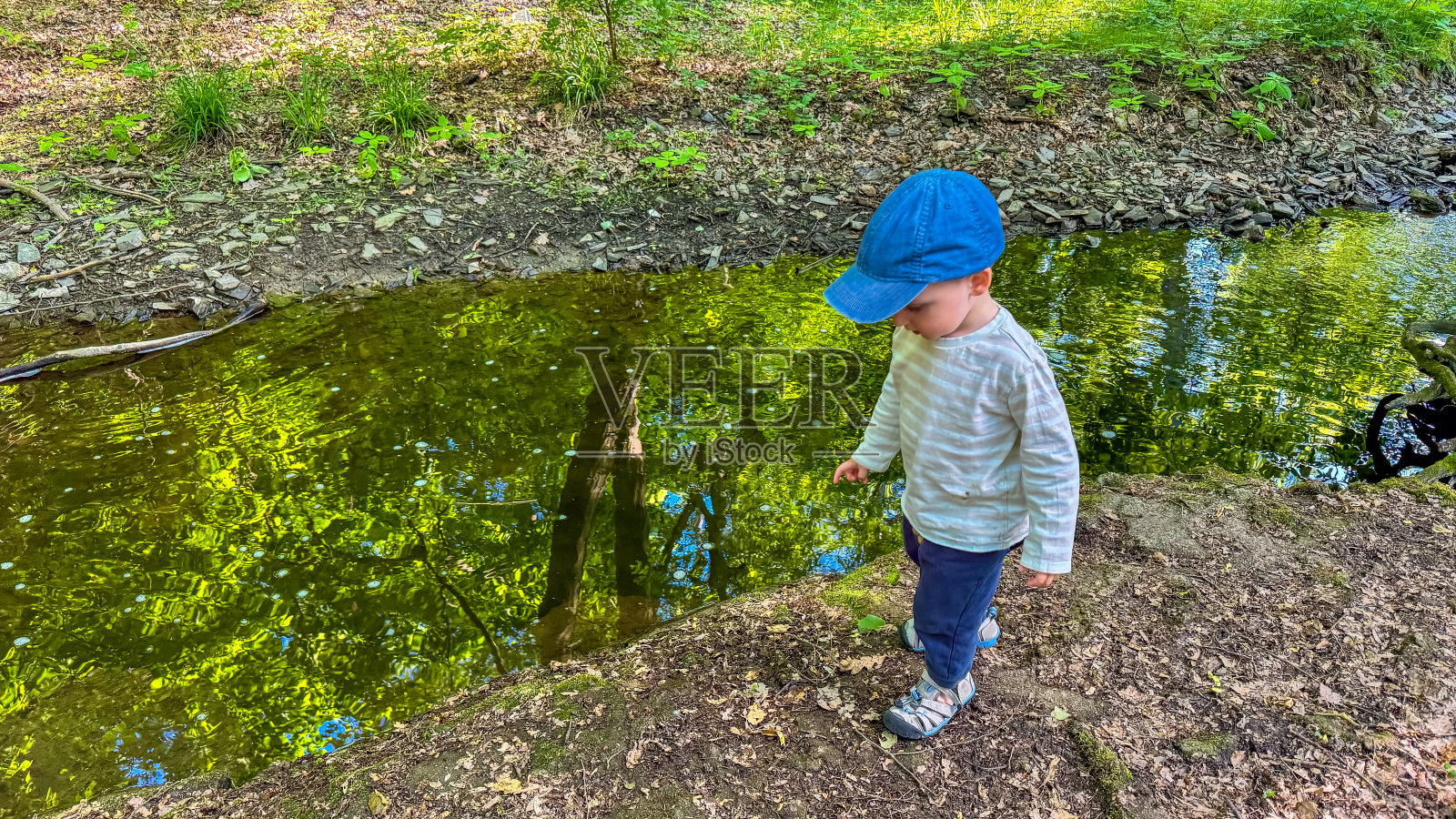 一个初春的小男孩在森林里徒步旅行。游戏在森林河附近照片摄影图片