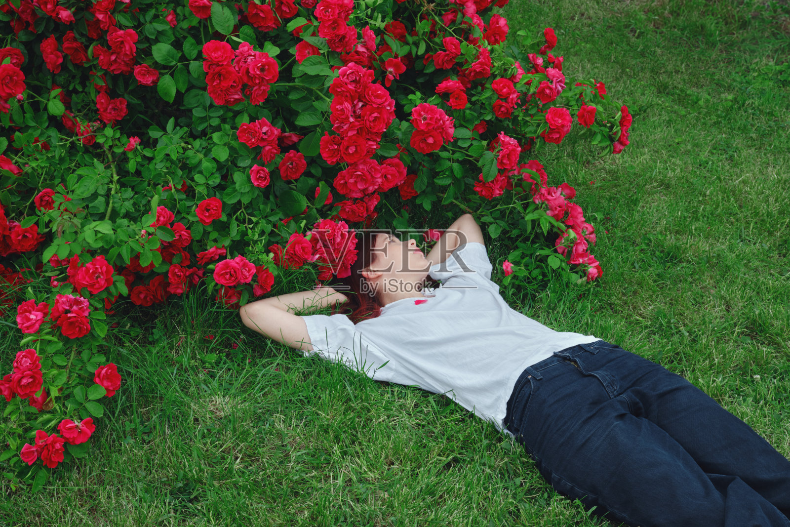 一个红头发的少女躺在草地上，双手放在脑后，周围是鲜艳的红玫瑰。照片摄影图片