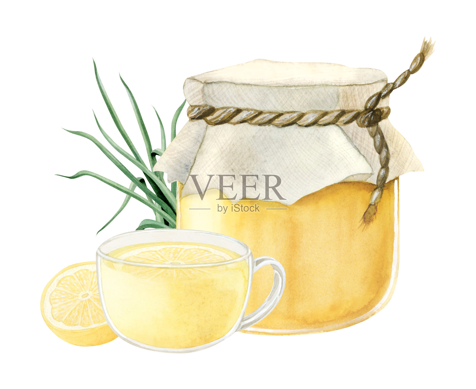 玻璃蜂蜜罐与草药茶，柠檬和柠檬草水彩插图剪贴画在现实主义风格孤立的白色。冬季热饮的天然产品。手绘剪贴画插画图片素材