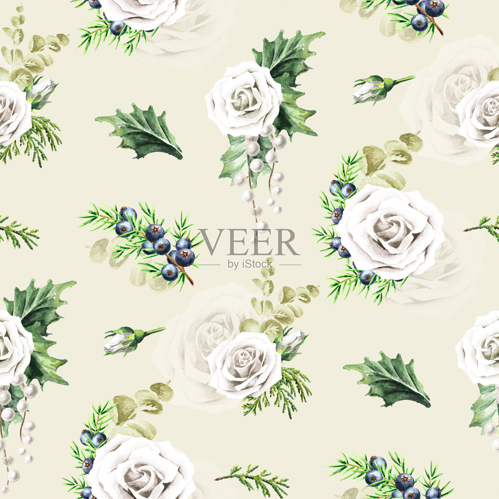 圣诞温柔无缝花纹。手绘水彩插图插画图片素材