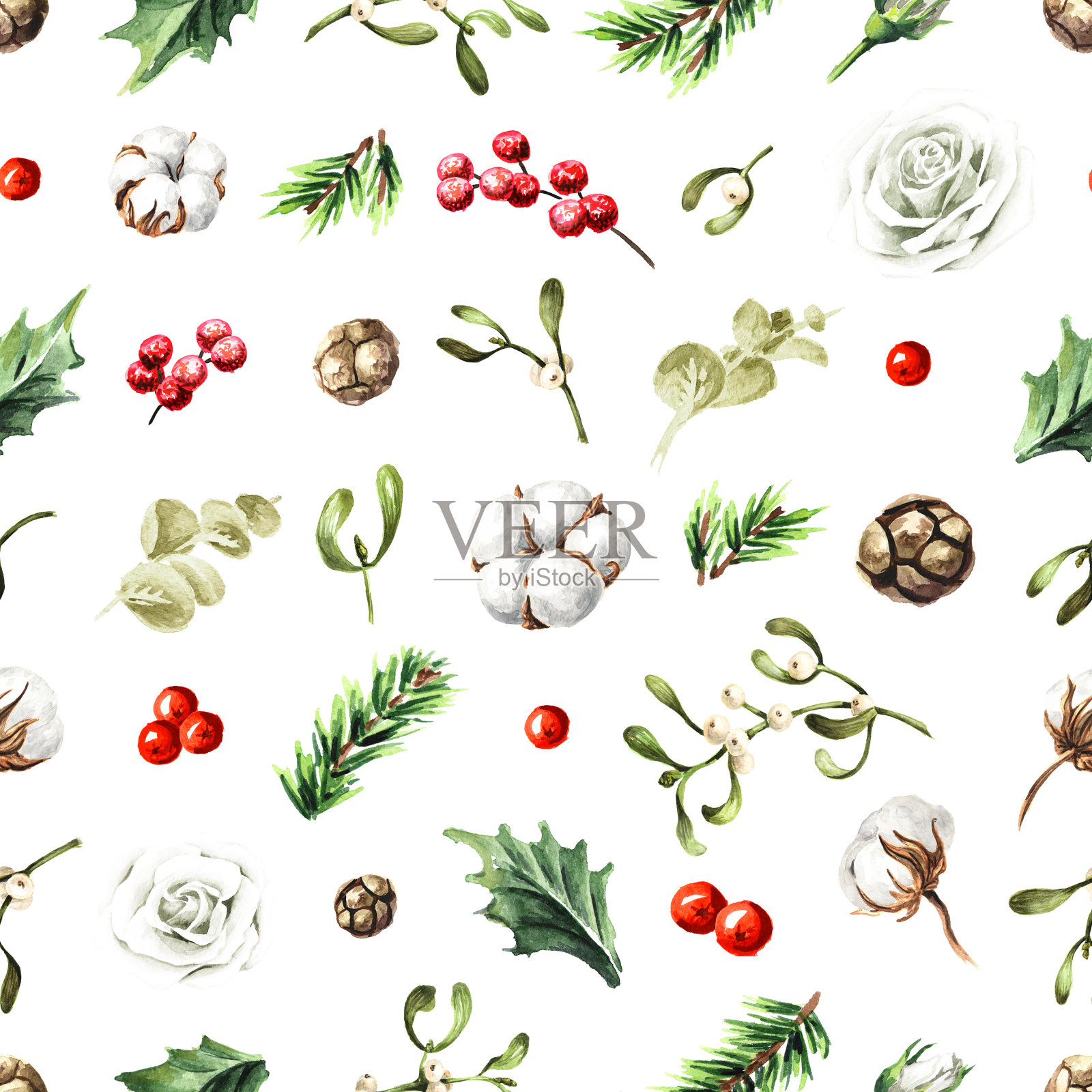 冬嫩无缝花纹。手绘水彩插图插画图片素材