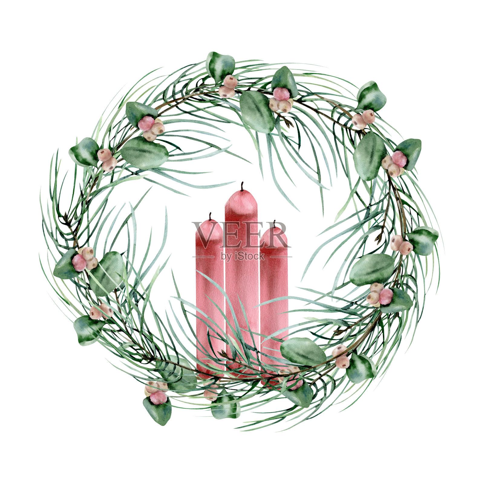 花传统冬季花环与松枝和红色蜡烛装饰水彩插图。手绘圣诞框架，贺卡模板，邀请，海报，包装设计，家居装饰插画图片素材