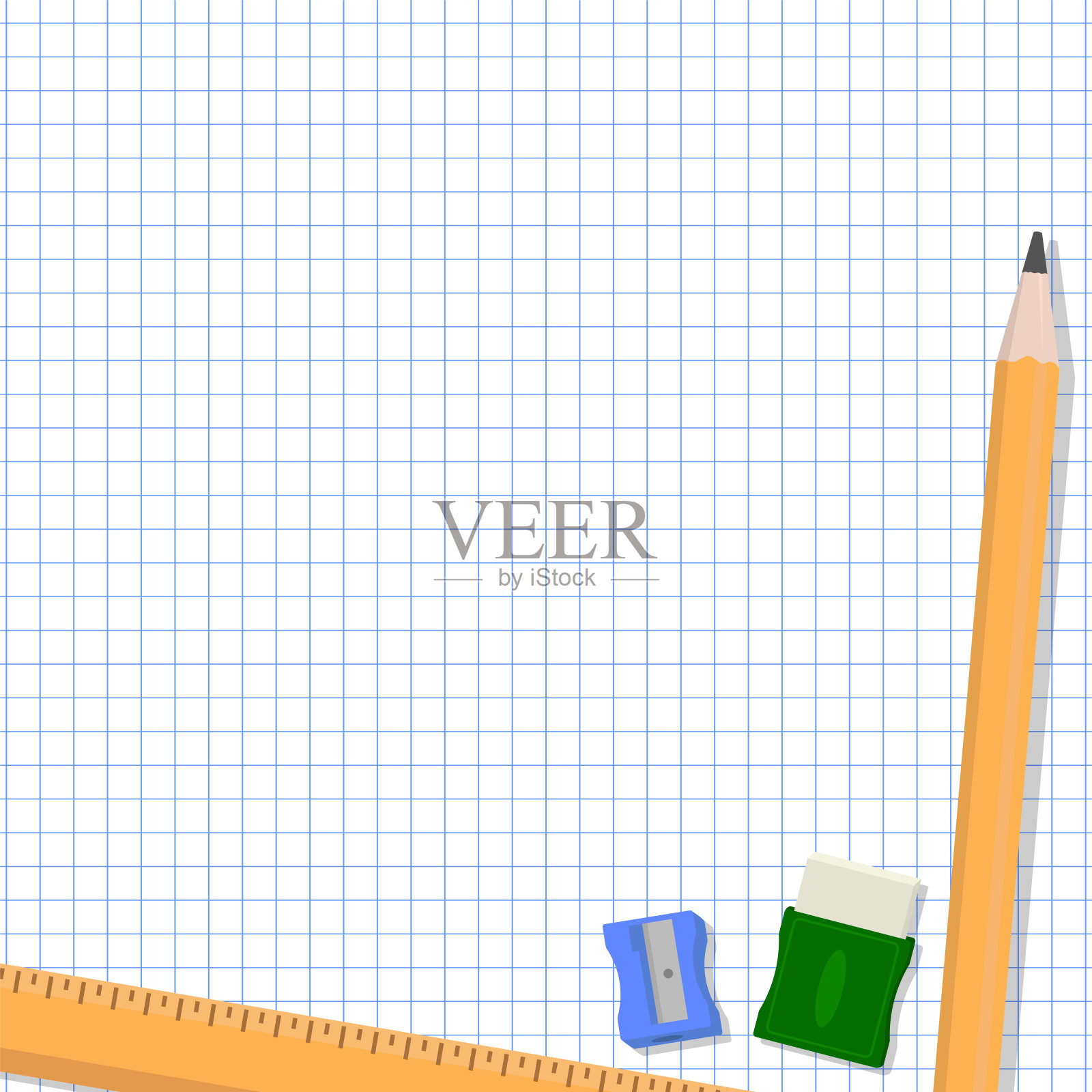 学校布置图-方格纸背景上的各种学习用品。广场的形状。插画图片素材