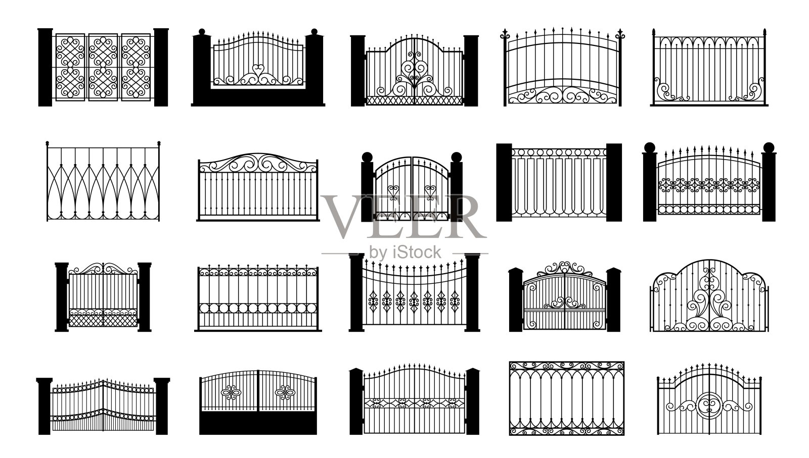 黑色华丽的栅栏元素。隔离装饰栅栏大门。花园露台或家庭阳台的观赏栏杆。室外建筑向量集插画图片素材
