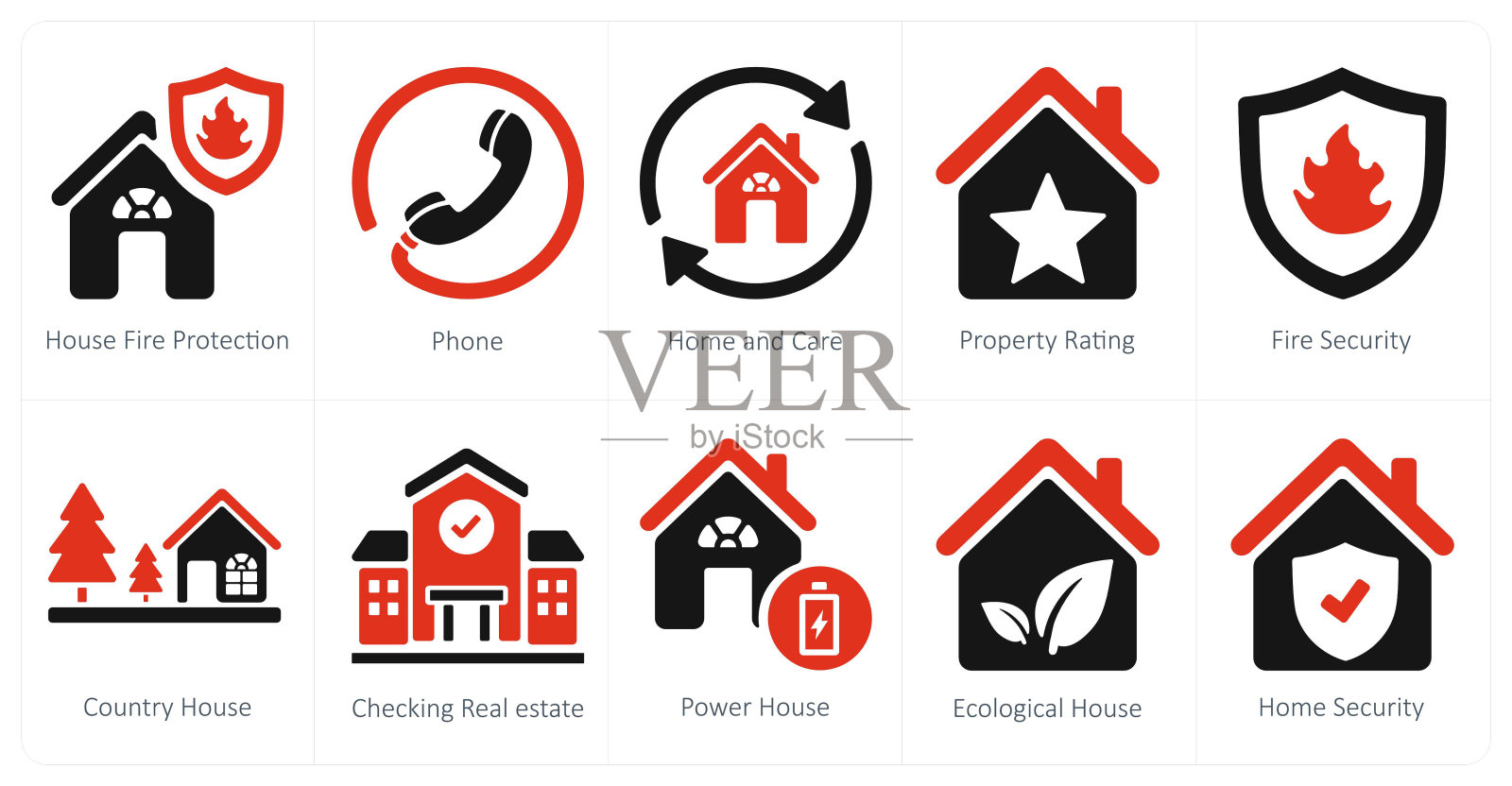 一套10个房地产图标，如房屋防火，电话，家和护理插画图片素材