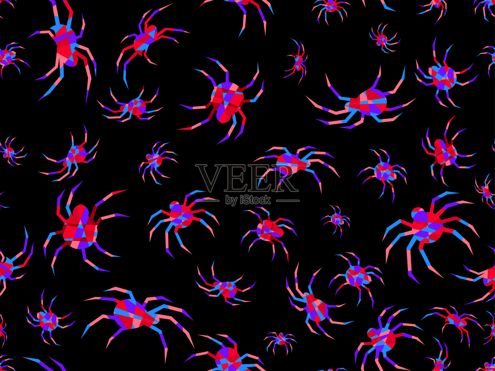 多边形蜘蛛的无缝图案。黑色背景上蜘蛛的剪影。从侧面和上方观察蜘蛛。设计印刷，横幅和海报。矢量图插画图片素材