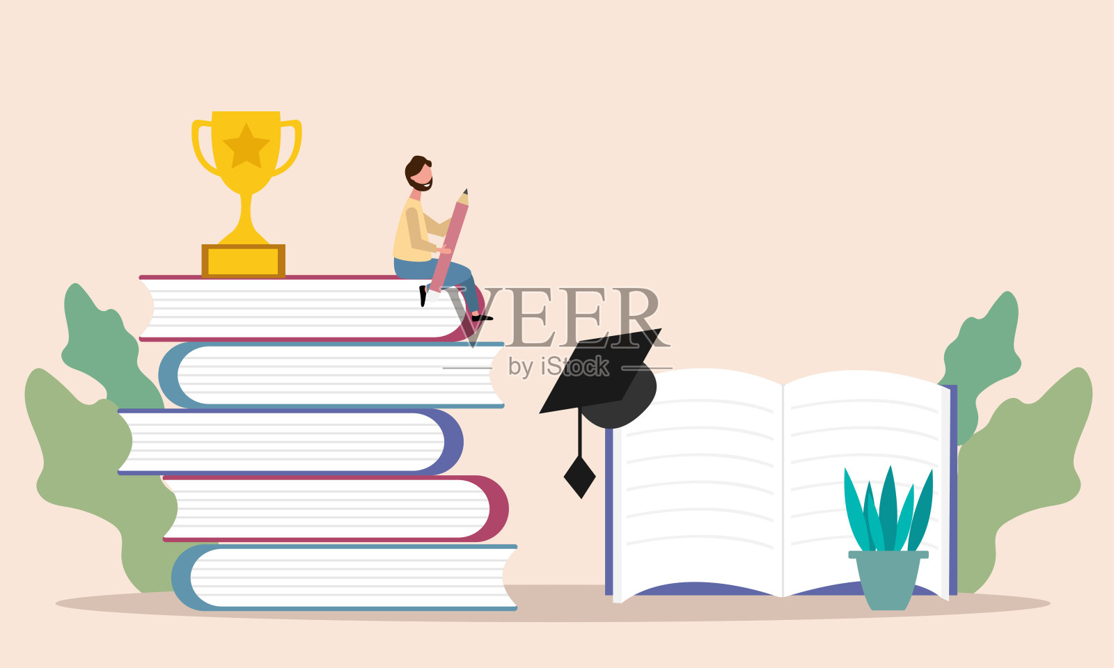 年轻的学生自学和实现人生目标。自我教育理念。插画图片素材