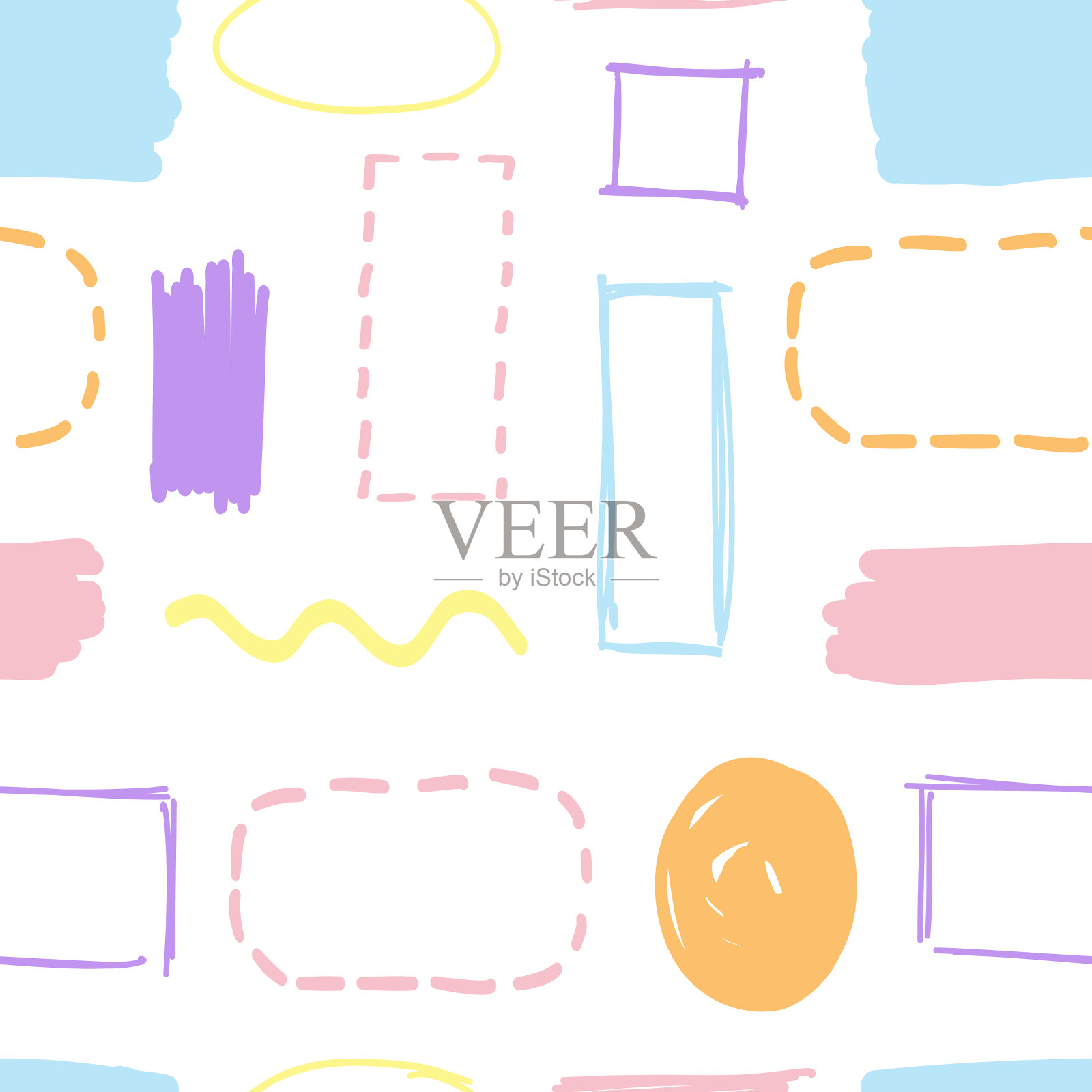 手绘无缝图案。潦草的元素。圆形，方框，椭圆形，方形，波浪，线条，矩形。笔刷笔划，线条笔划插画图片素材