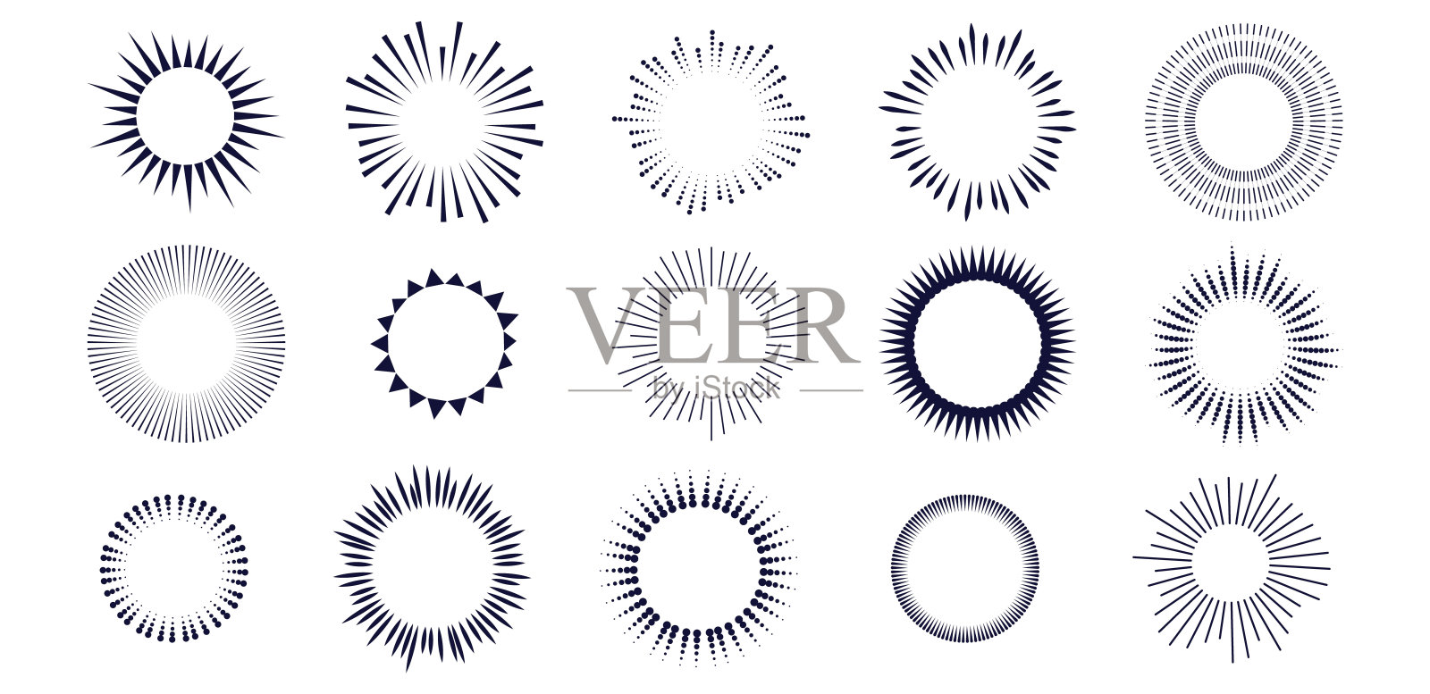 一套复古的太阳爆发线元素。放射状日落光束。矢量插图。灿烂的阳光，烟花。同心圆形图案隔离在一个白色的背景插画图片素材