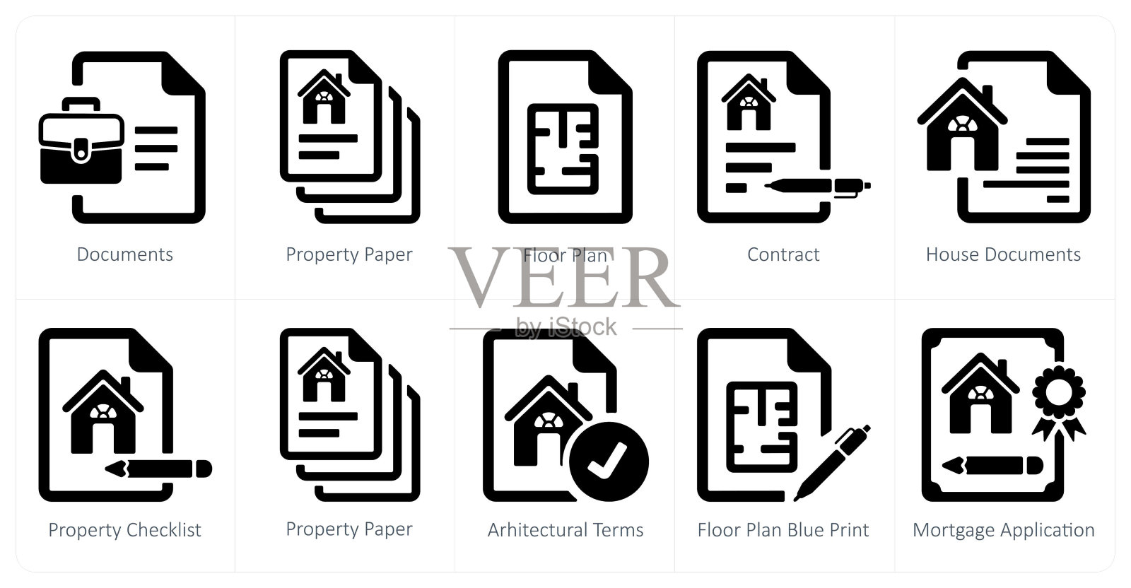 一套10个房地产图标作为文件，物业纸，平面图插画图片素材