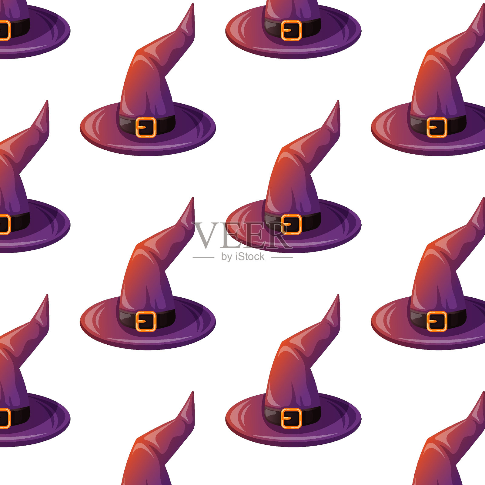 万圣节巫师帽无缝图案的卡通风格。魔法幽灵紫色女巫帽设计墙纸，纺织品。矢量插图在一个白色的背景。插画图片素材