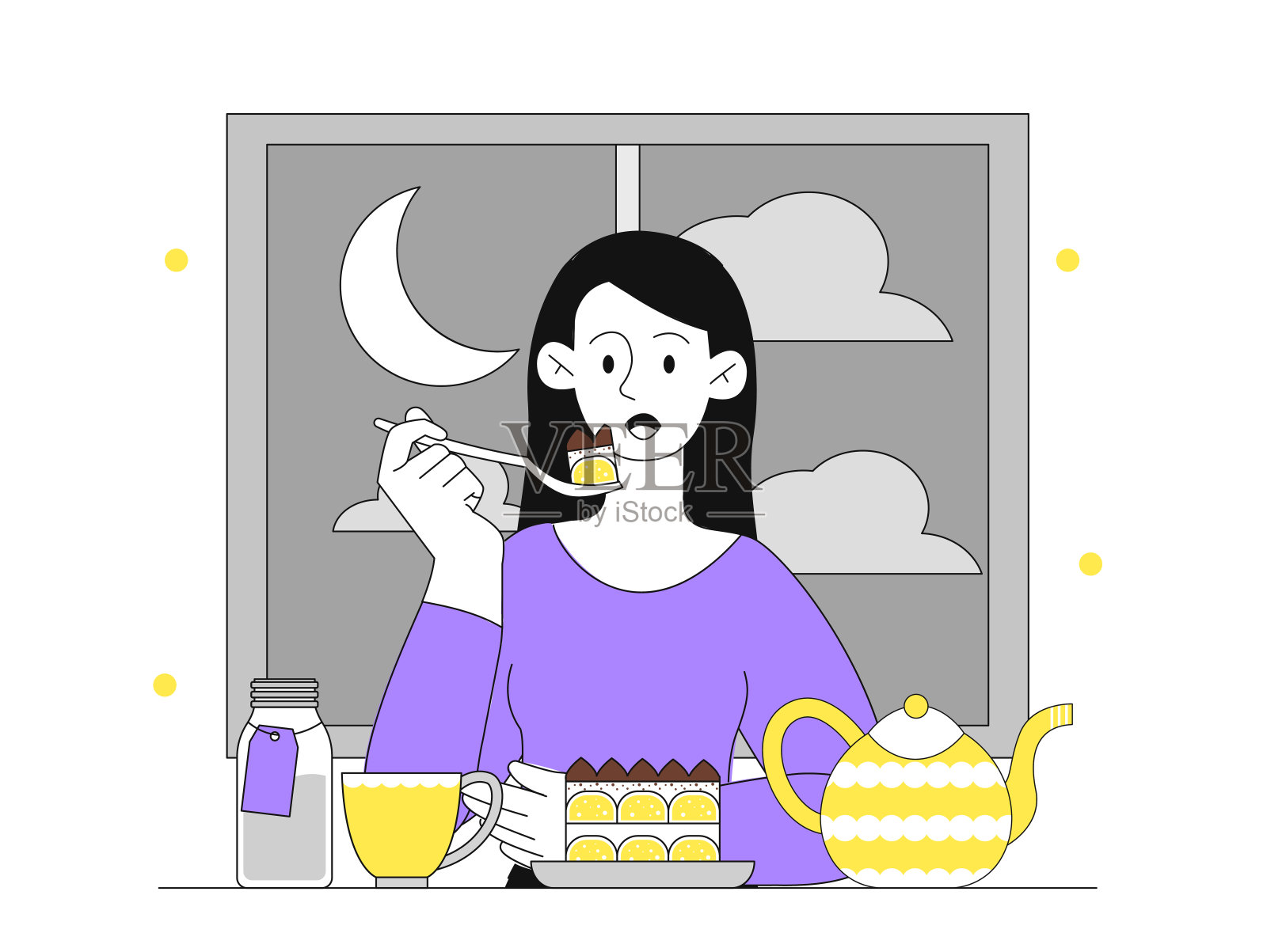 女人吃提拉米苏。小女孩坐在热饮和甜点旁。美味的糖果和奶油。面包店的美味部分。线性向量图解插画图片素材