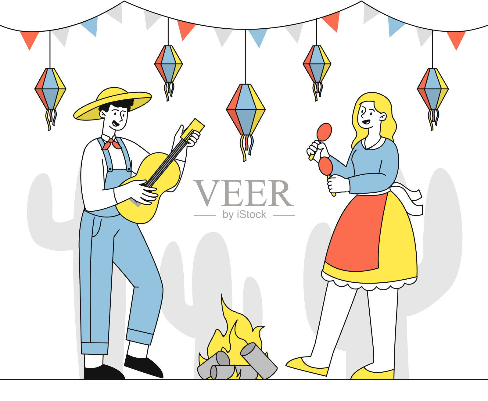 节日的概念。男人戴着宽边帽，戴着尤克里里琴，女人穿着鲜艳的衣服，旁边有装饰品。拉丁美洲和巴西的传统节日。线性向量图解插画图片素材