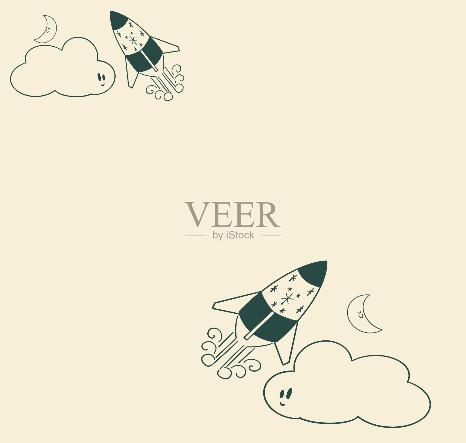 无缝重复图案：火箭飞向太空，飞过微笑的云朵，朝向快乐的新月。适用于织物、壁纸、海报、包装纸、床上用品、羽绒被、被子、毯子、马克杯、装饰品、邀请函、餐巾、T恤、手提袋插画图片素材