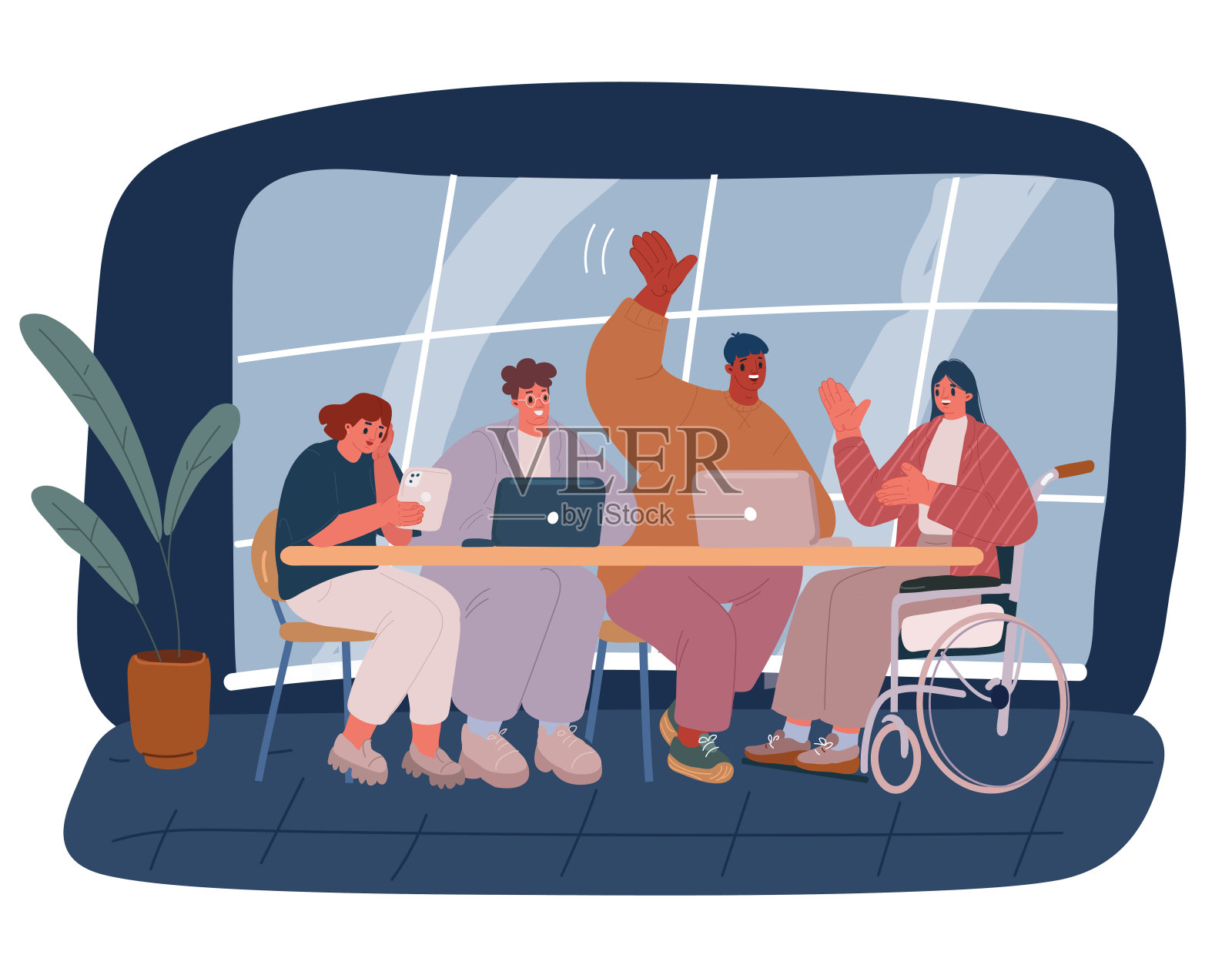 卡通矢量插图的女孩在轮椅上坐在桌子上说话，她的朋友。插画图片素材