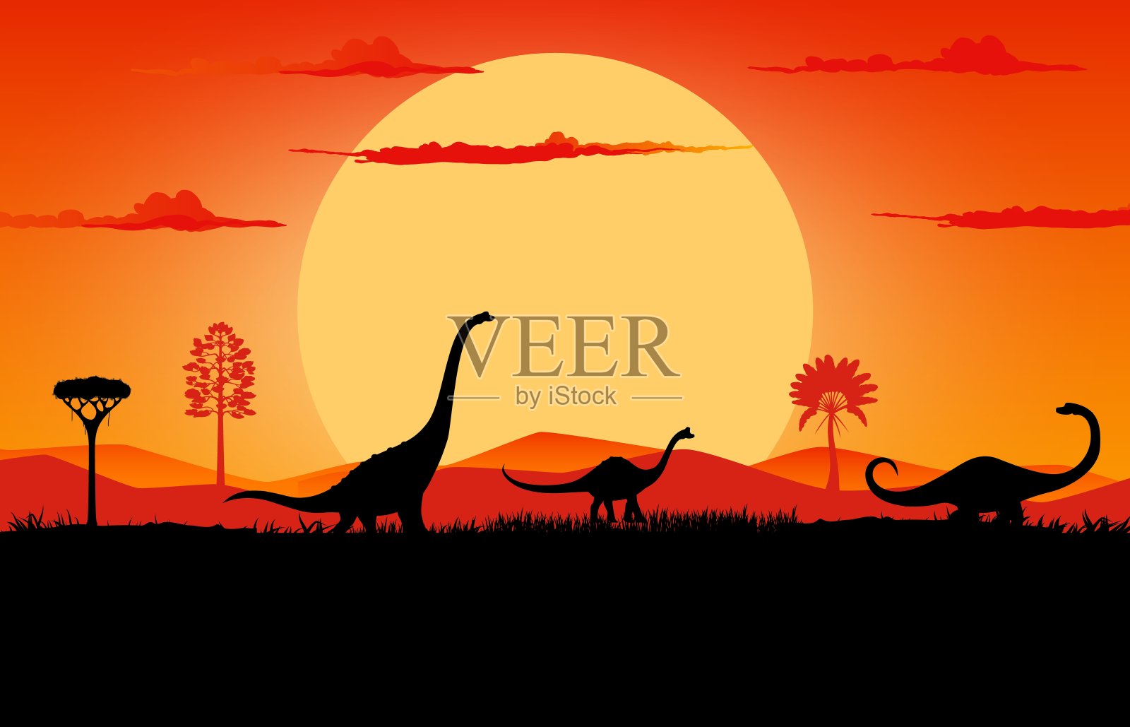 恐龙剪影日落史前景观插画图片素材