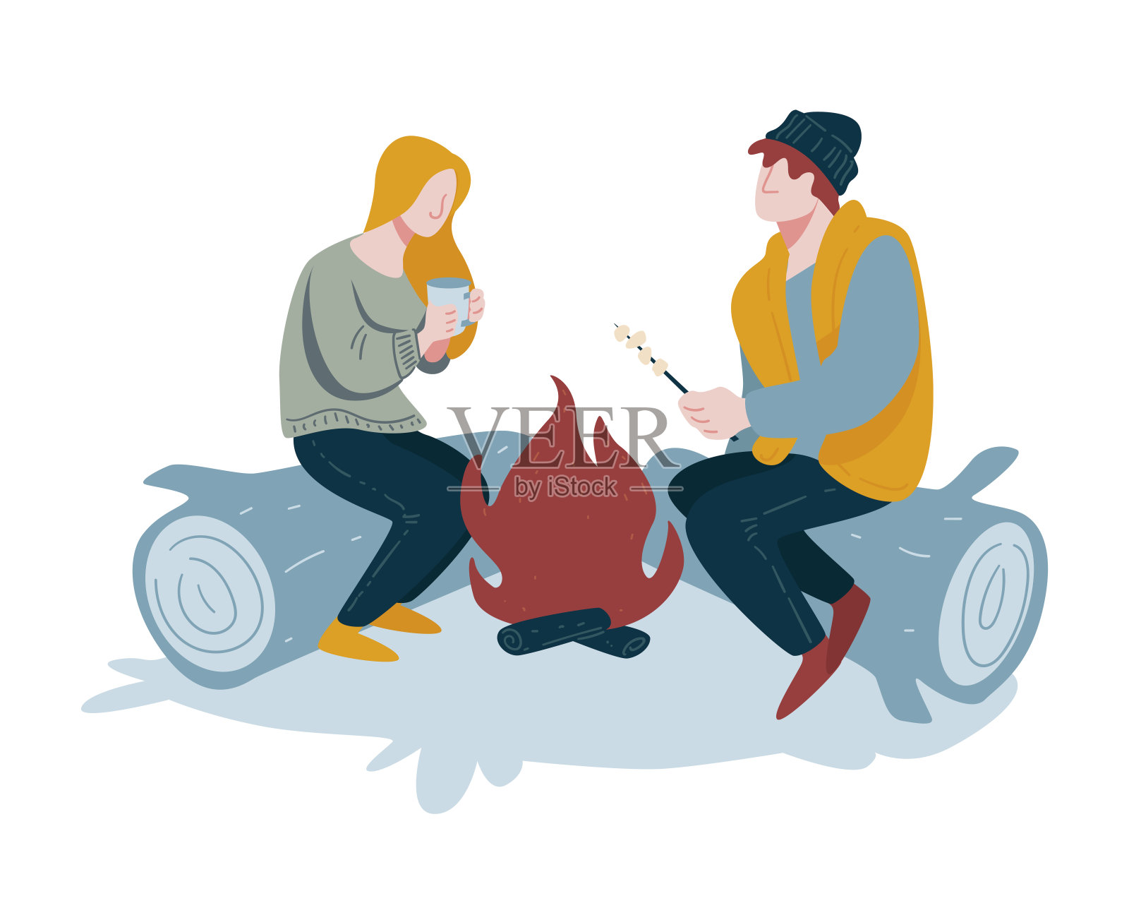 露营和煎棉花糖，在篝火旁的圆木旁，露营插画图片素材