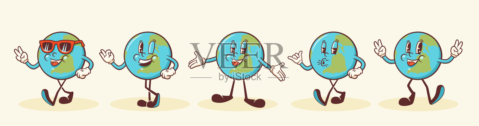 Groovy地球复古人物集。卡通星球人物走路和微笑。矢量有趣的吉祥物模板收集。快乐的复古酷插图孤立插画图片素材