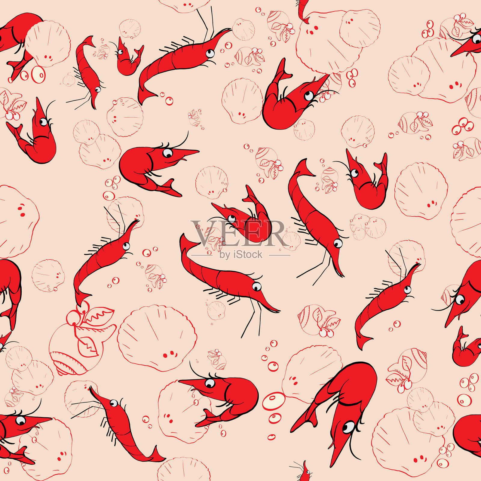 无缝重复图案红色风格化卡通虾在桃子的背景下跳跃和分散。一个有趣的背景为夏季和海边的主题。插画图片素材