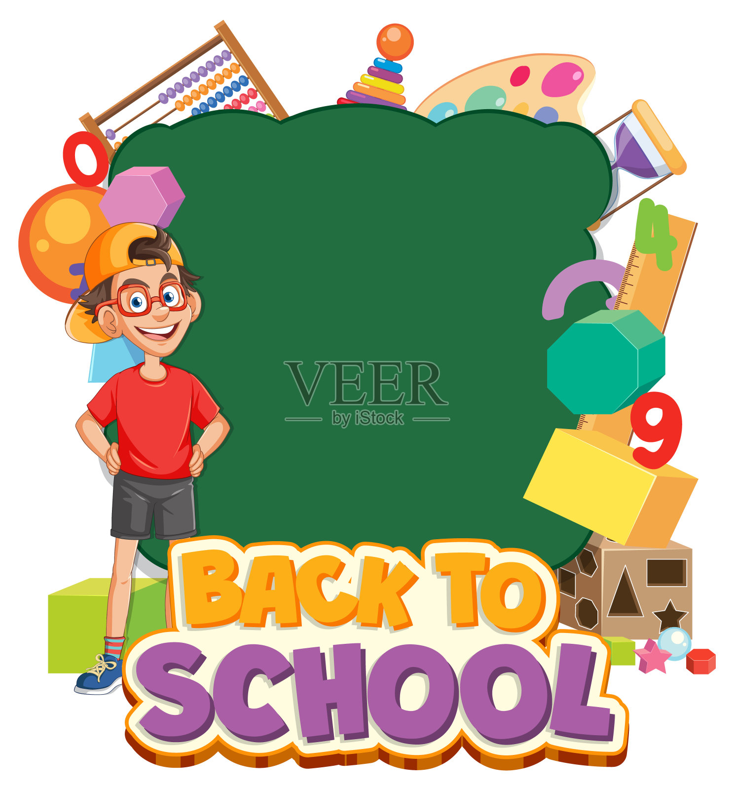 彩色插图的学习用品和一个快乐的学生插画图片素材