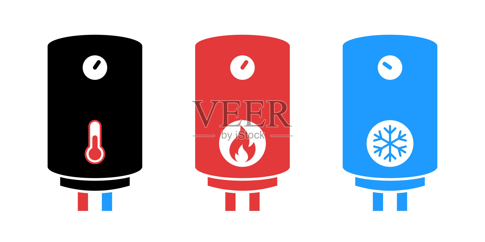 热水器矢量插图。锅炉状态图标集。热水和冷水。恒温器的温度。气候控制系统。燃气罐燃烧器。冰箱喷泉。红蓝水温度计。插画图片素材