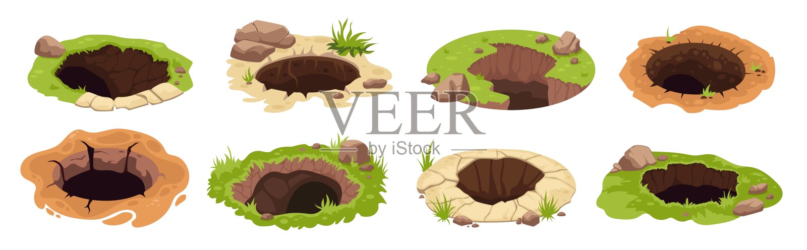 地坑。大挖坑土、土洞泥地地表花园森林动物土拨鼠地洞入口深地下地面洞设卡通巧妙插图插画图片素材