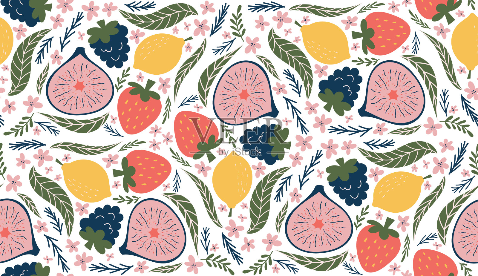 异想天开的无缝图案，以黑莓，柠檬，半无花果，红色草莓，粉红色花朵和绿叶的插图，排列在万花筒般的设计中。现代，有机矢量风格与平面的颜色。插画图片素材
