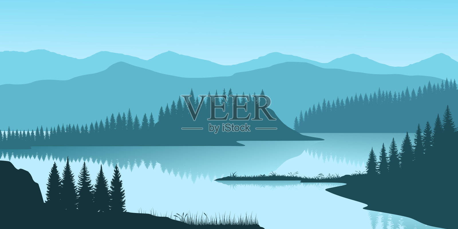 美丽的山湖风光插画图片素材