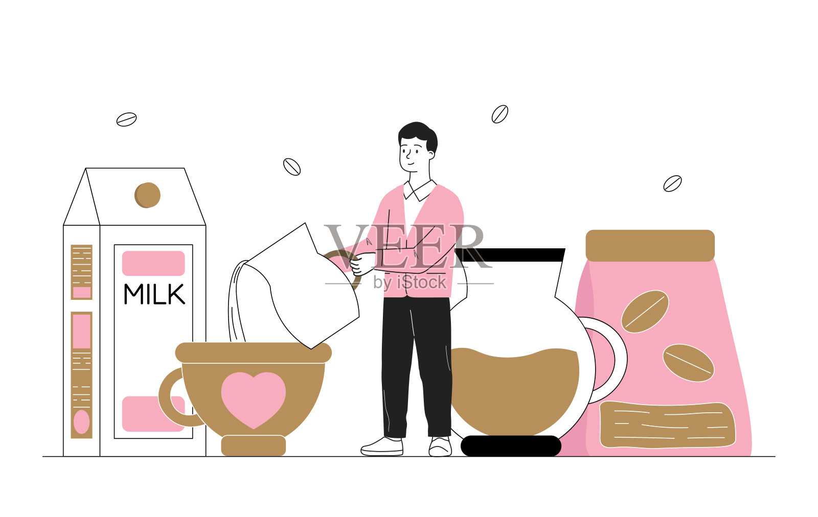 男人喝咖啡。咖啡师准备加牛奶的热饮。香气和饮料。浓缩咖啡，卡布奇诺，拿铁，摩卡布奇诺。咖啡豆。线性向量图解插画图片素材